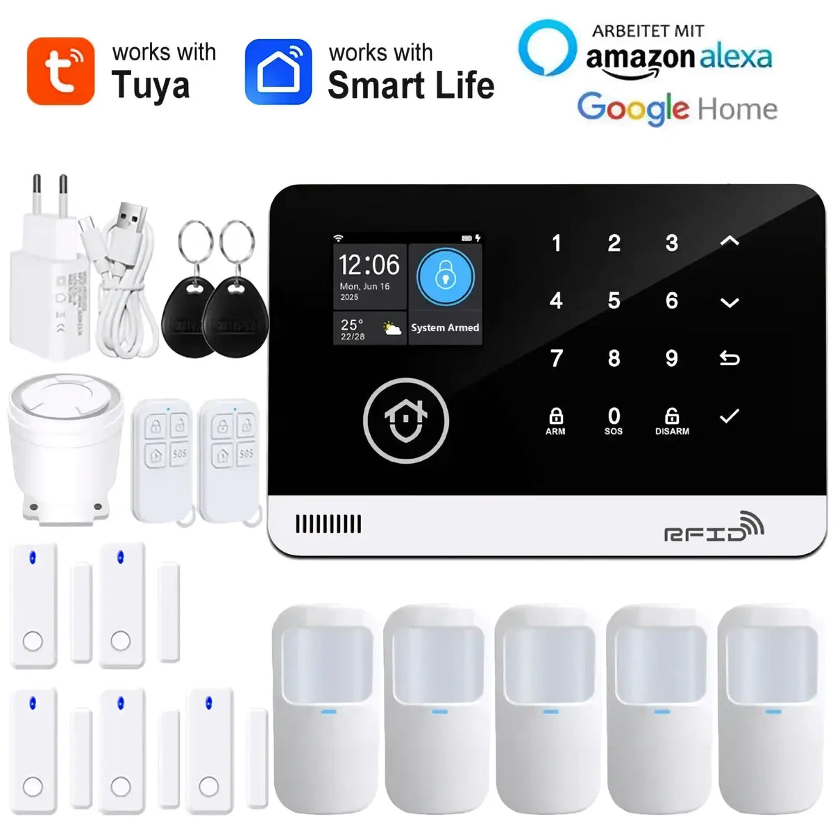 Tuya wifi gsm smart home security alarm system control panel with white casing black touchscreen and numeric keypad