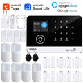 White rectangular Tuya wifi gsm smart home security alarm system with black touchscreen and numeric keypad featuring rfid branding