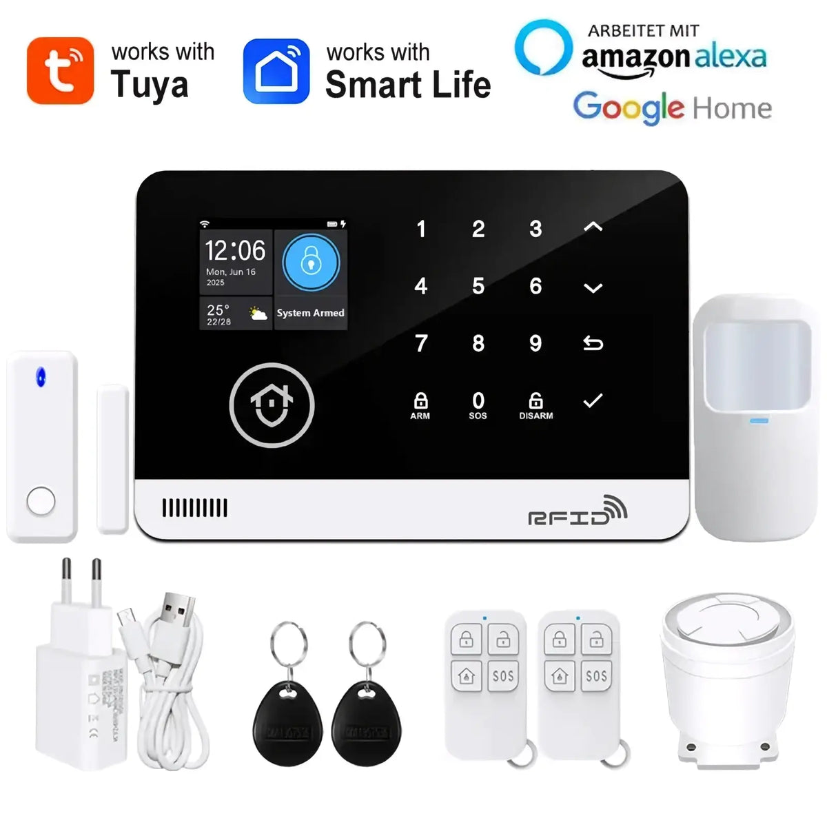 Black and white Tuya wifi gsm smart home security alarm system control panel with touchscreen, keypad, and RFID features