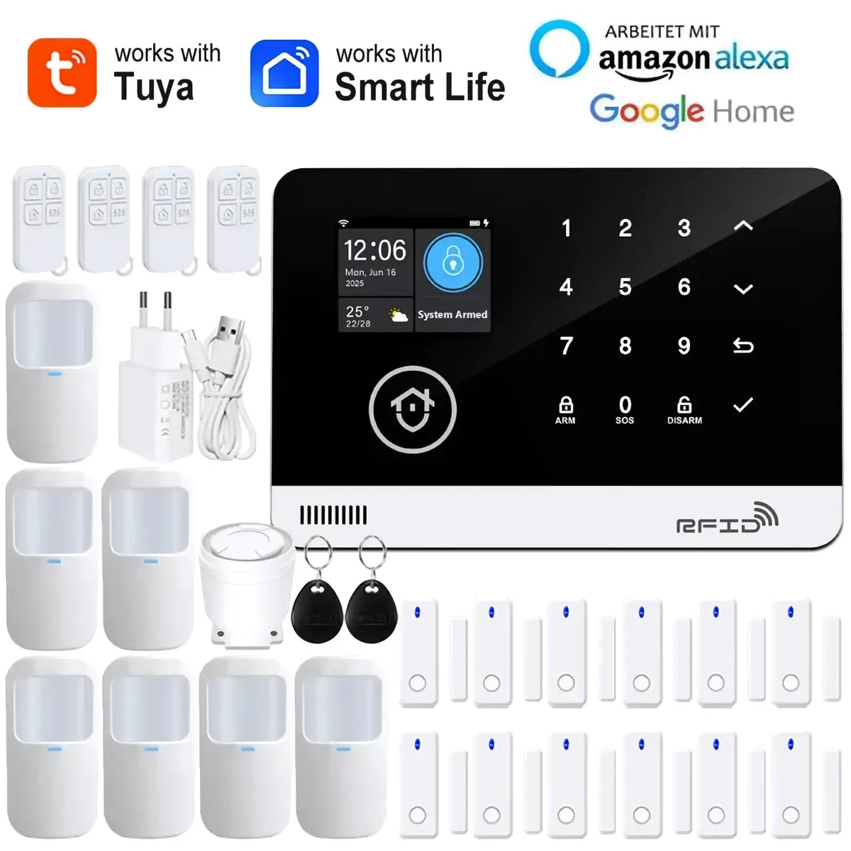 Tuya wifi gsm smart home security alarm system with white sensors black touchscreen panel key fobs and wireless components