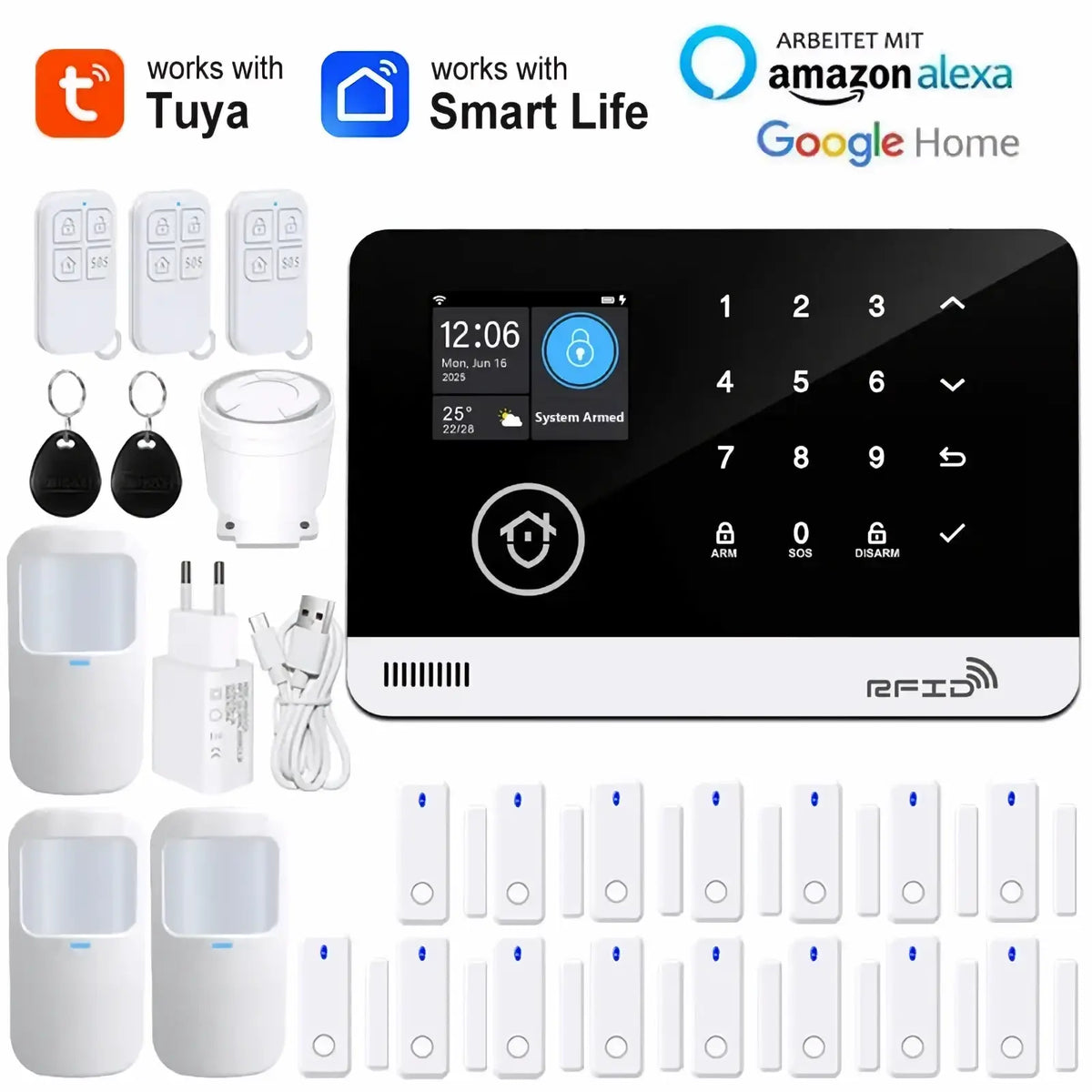 White tuya wifi gsm smart home security alarm system panel with black rfid touchscreen and numeric keypad