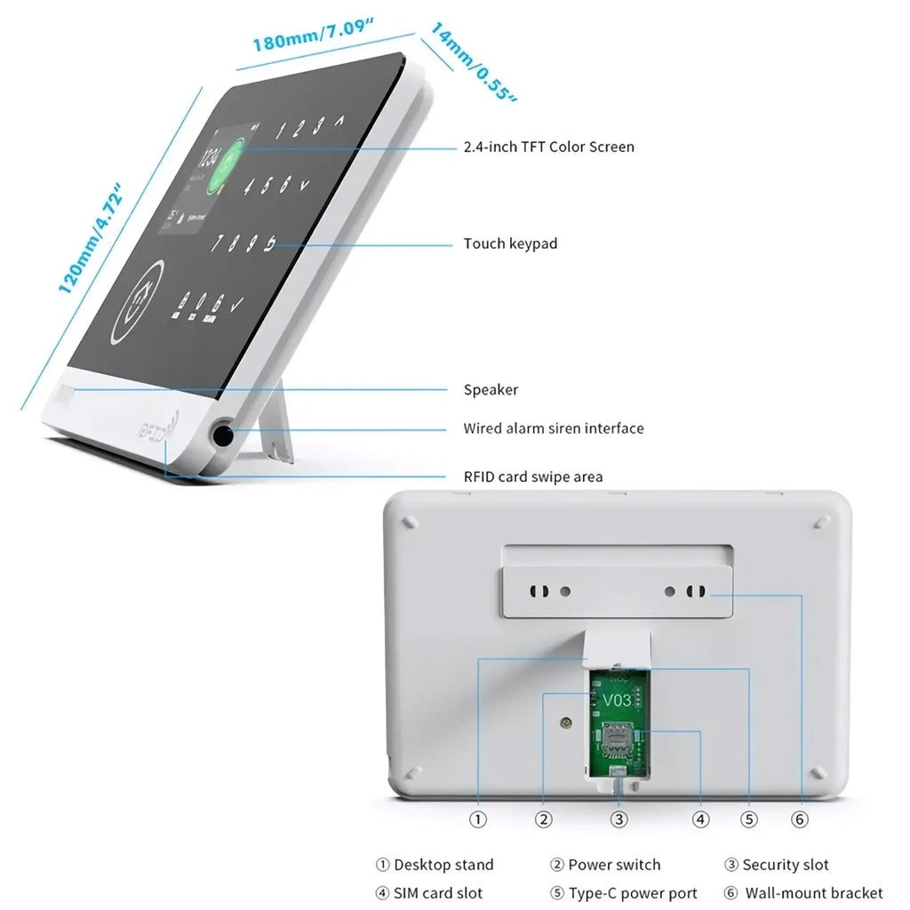 White plastic Tuya wifi gsm smart home security alarm system keypad with 2.4-inch tft color screen and rfid card swipe area