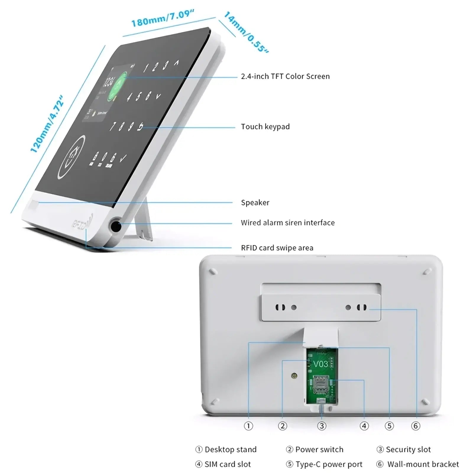 White plastic Tuya wifi gsm smart home security alarm system keypad with 2.4-inch tft color screen and rfid card swipe area