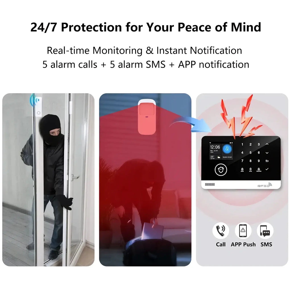 Tuya wifi gsm smart home security alarm system with white rectangular panel black touchscreen and digital clock showing 12 06
