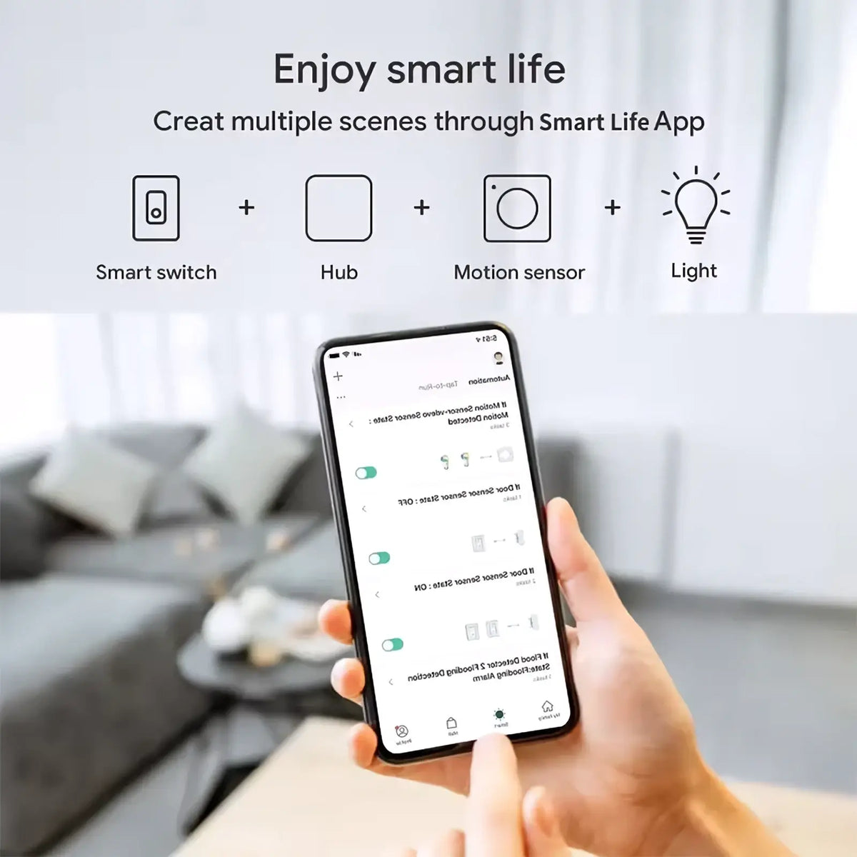 Smartphone displaying the tuya zigbee 3.0 smart home gateway hub app interface for smart home device control