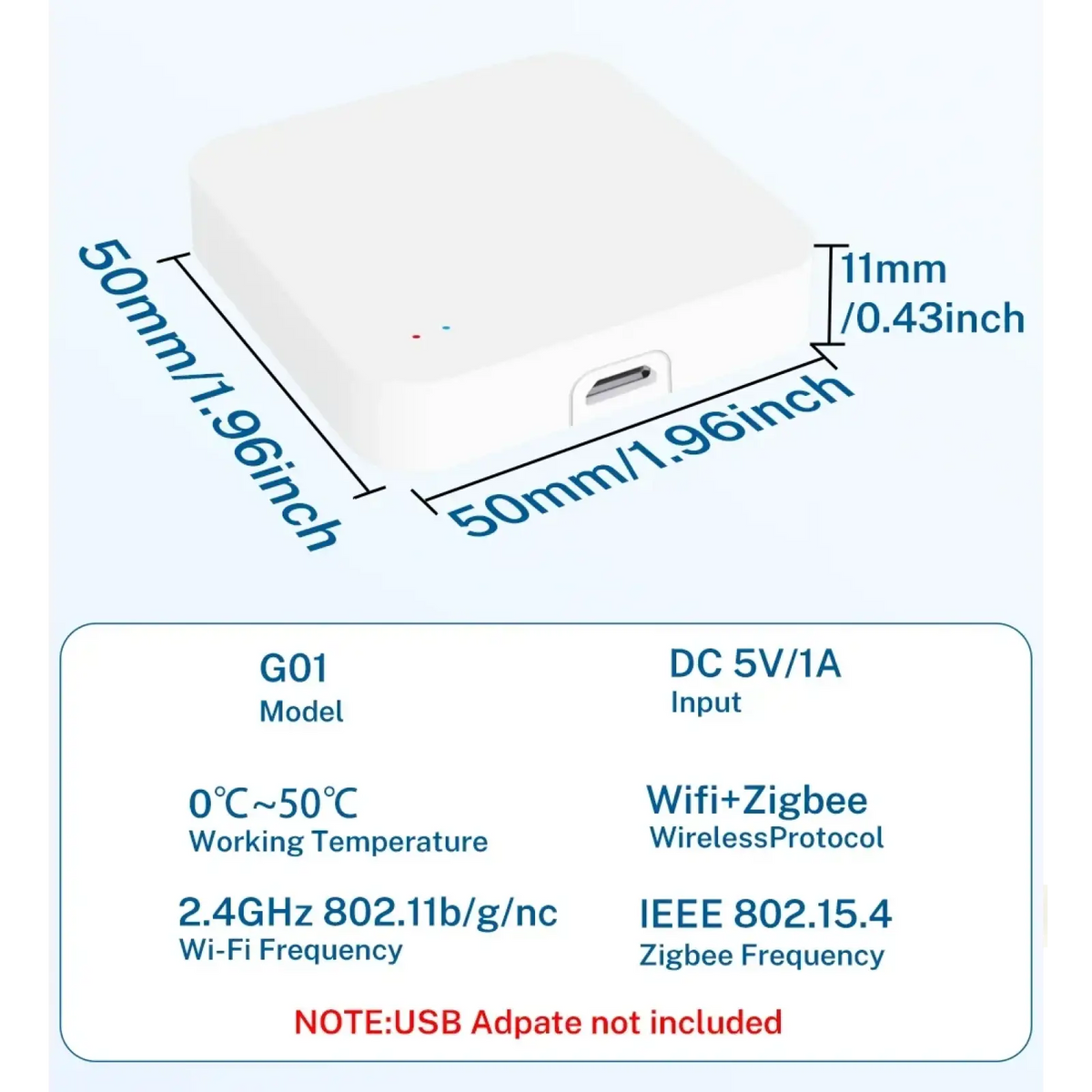 White rectangular wireless adapter with usb-c port and led indicators model g01 for tuya zigbee 3.0 smart home hub