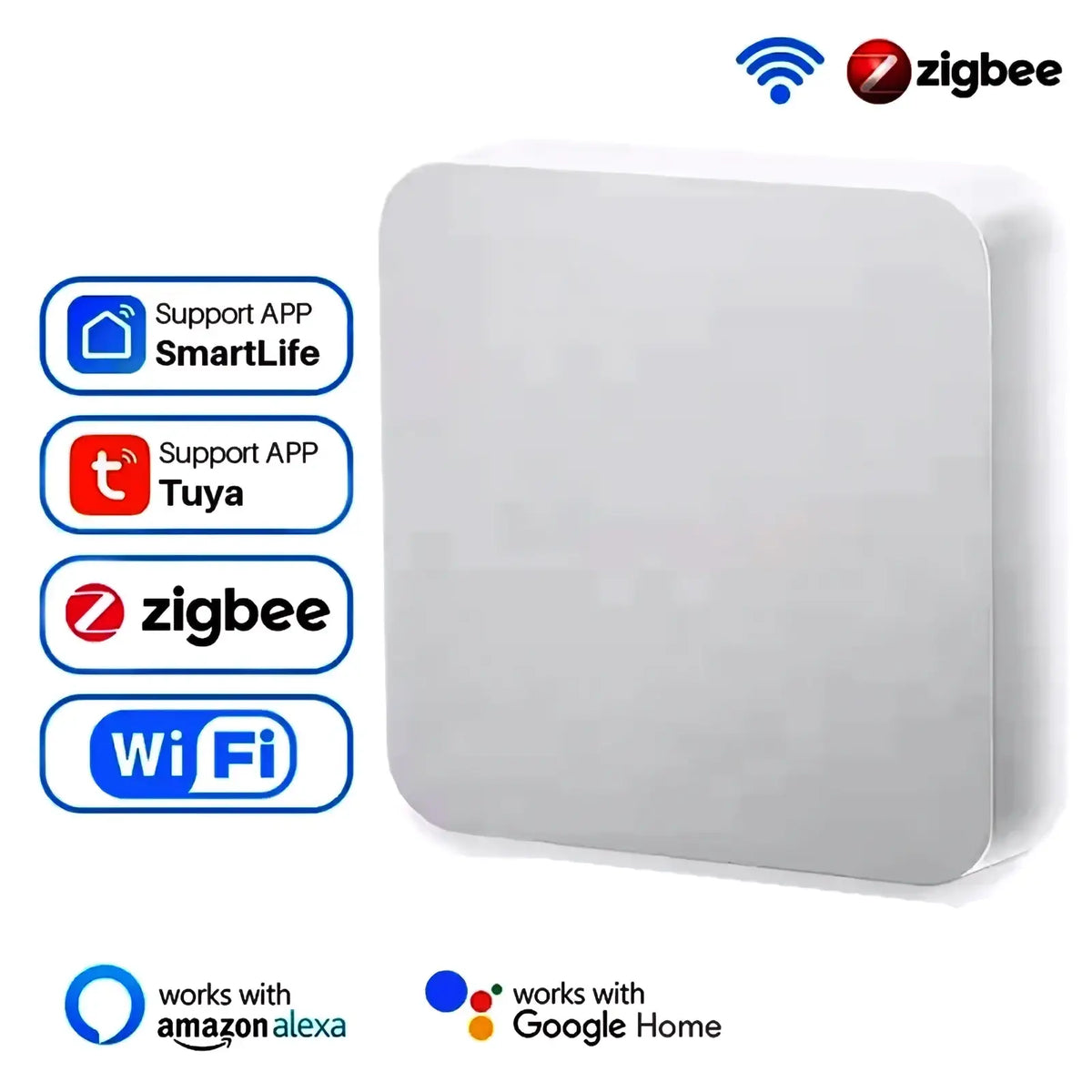 Tuya zigbee 3.0 smart home gateway hub white square smart hub with rounded edges and zigbee wi-fi connectivity