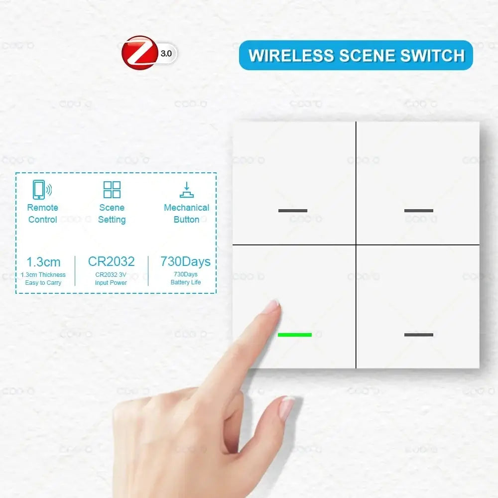 Tuya zigbee 4 gang smart scene switch wireless button controller with white minimalist touch-sensitive buttons