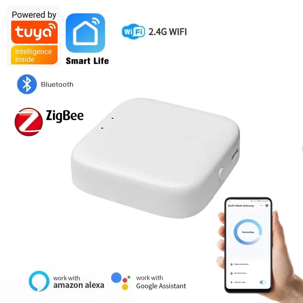 White rectangular Tuya Zigbee Bluetooth smart gateway hub with rounded edges and minimalist design for smart homes