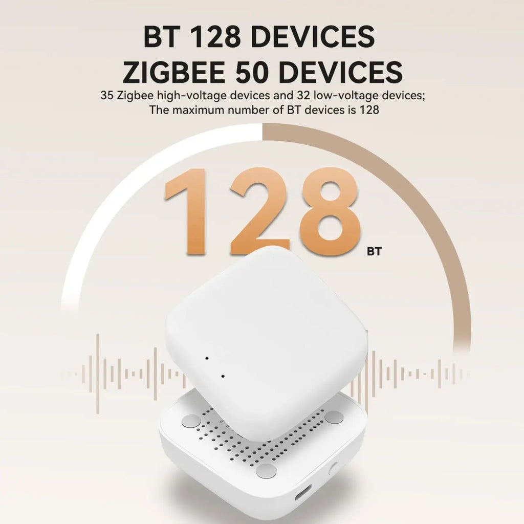White square-shaped Tuya Zigbee Bluetooth smart gateway hub with minimalist design and perforated speaker grille