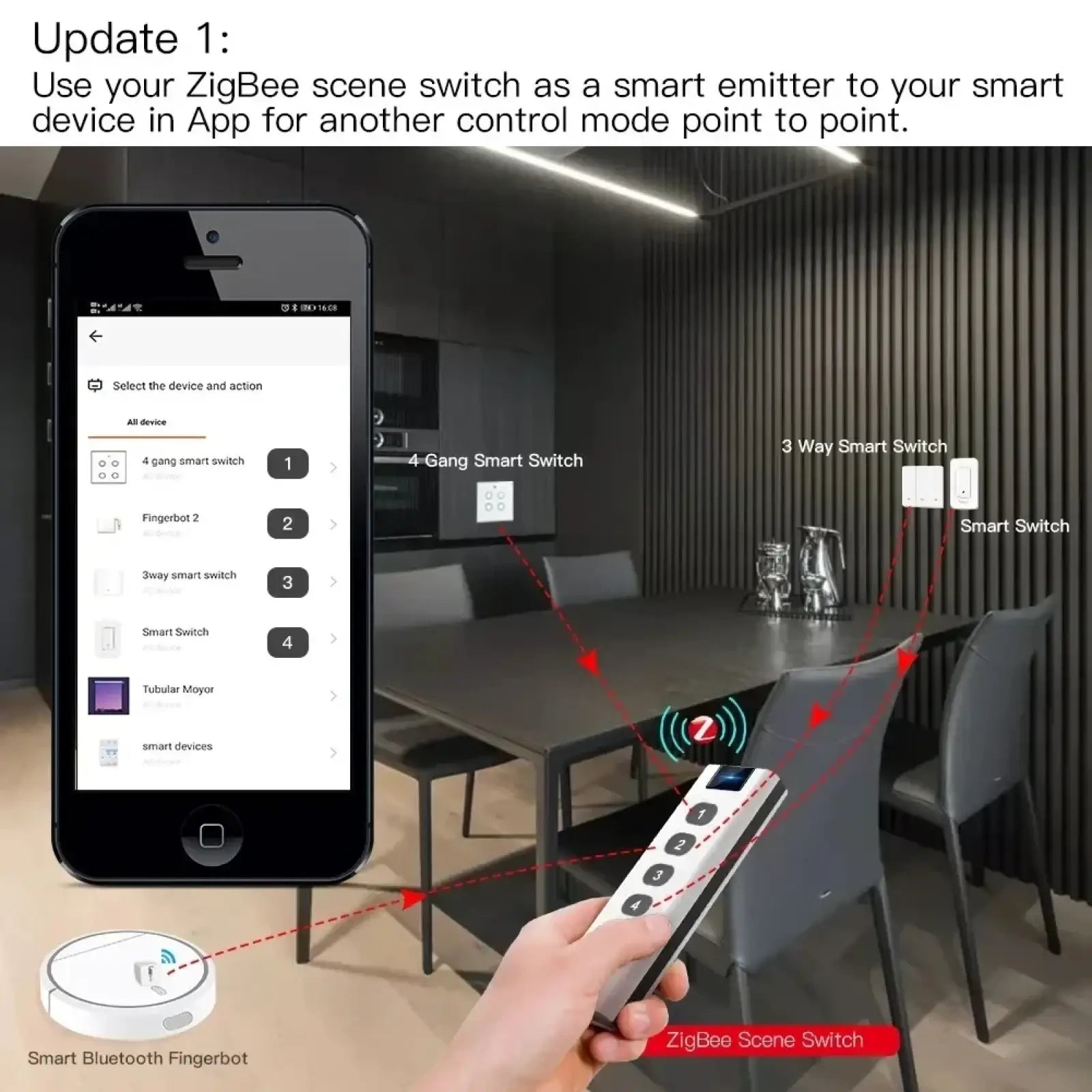 Silver and black tuya zigbee smart scene switch 4 gang remote with sleek rectangular design for smart home control