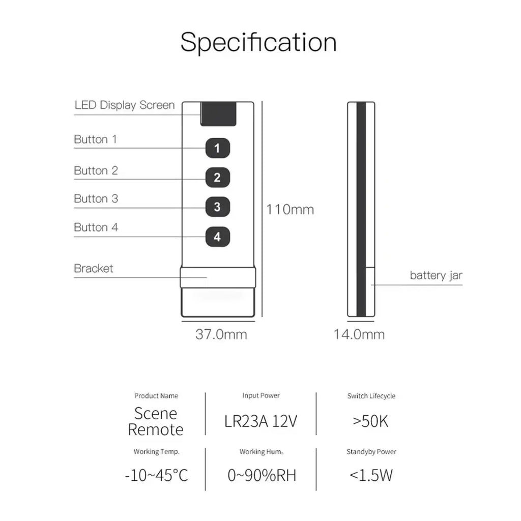 Tuya zigbee smart scene switch 4 gang remote in white with black buttons led display 110mm height 37mm width lr23a 12v input