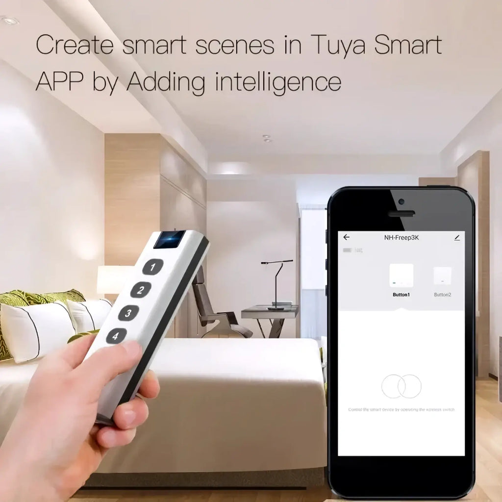 Tuya Zigbee smart scene switch 4 gang remote in white and black with four numbered buttons for smart home automation