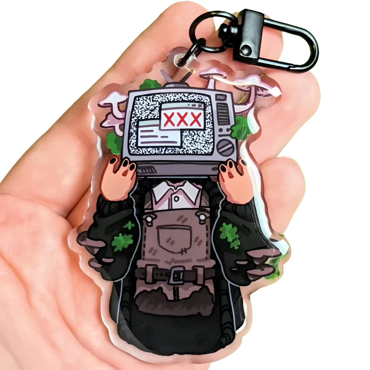 Clear acrylic tv head anime keychain featuring a cartoon character with static and red xxx on vintage tv screen