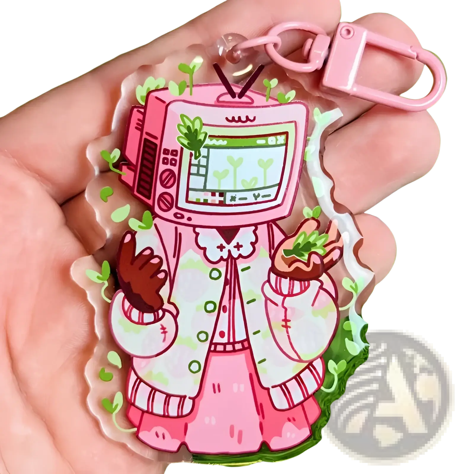 Pink acrylic tv head anime keychain featuring a cartoon character in a pink and white patterned coat bag charm