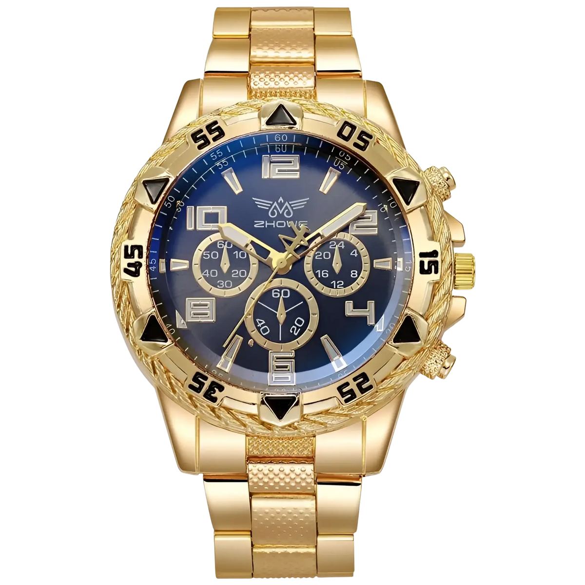 Tvk stainless steel chronograph quartz watch with gold-tone case, deep blue dial, black triangular hour markers, and three subdials