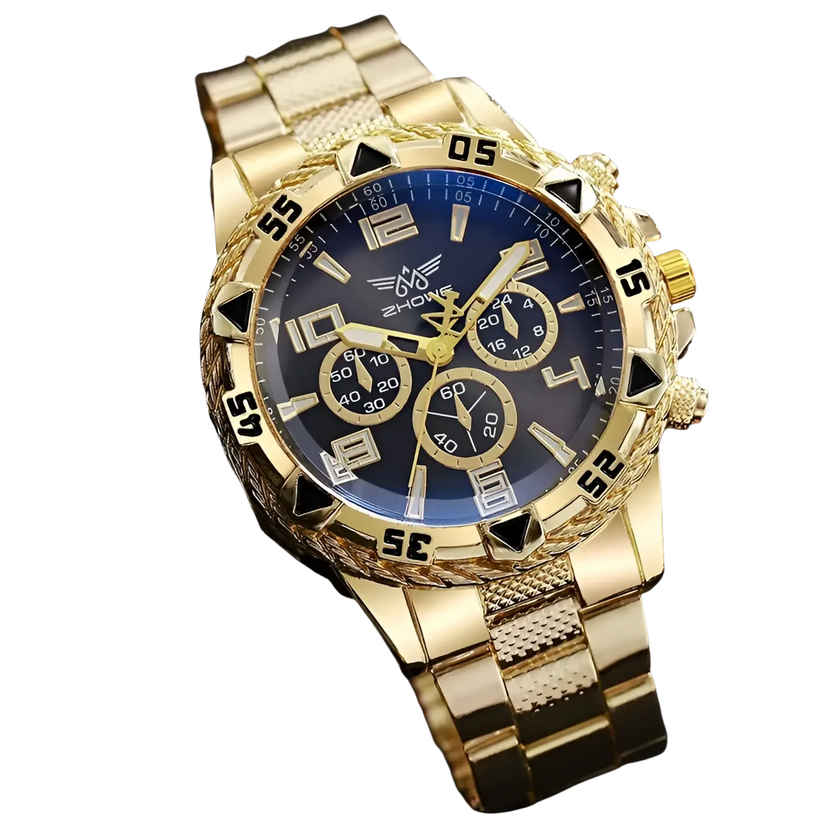 Tvk stainless steel chronograph quartz watch with gold-tone case, blue dial, three subdials, and triangular hour markers