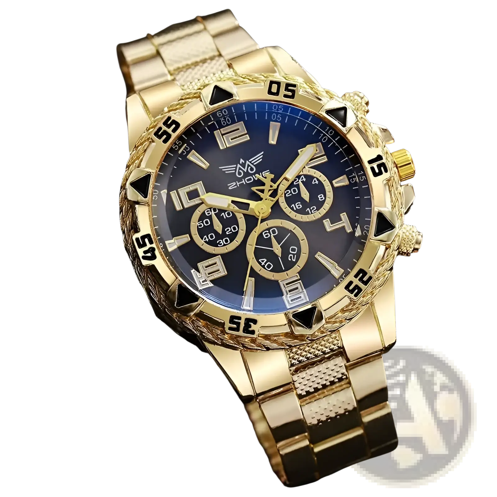 Tvk stainless steel chronograph quartz watch with gold-tone case, blue dial, black triangular hour markers, and three subdials