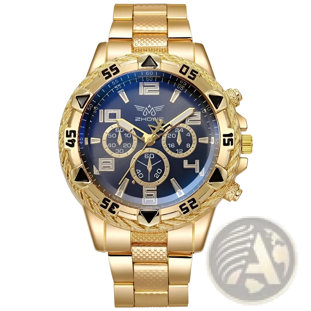 Tvk stainless steel chronograph quartz watch with gold-tone case, deep blue dial, black triangular hour markers, and three subdials