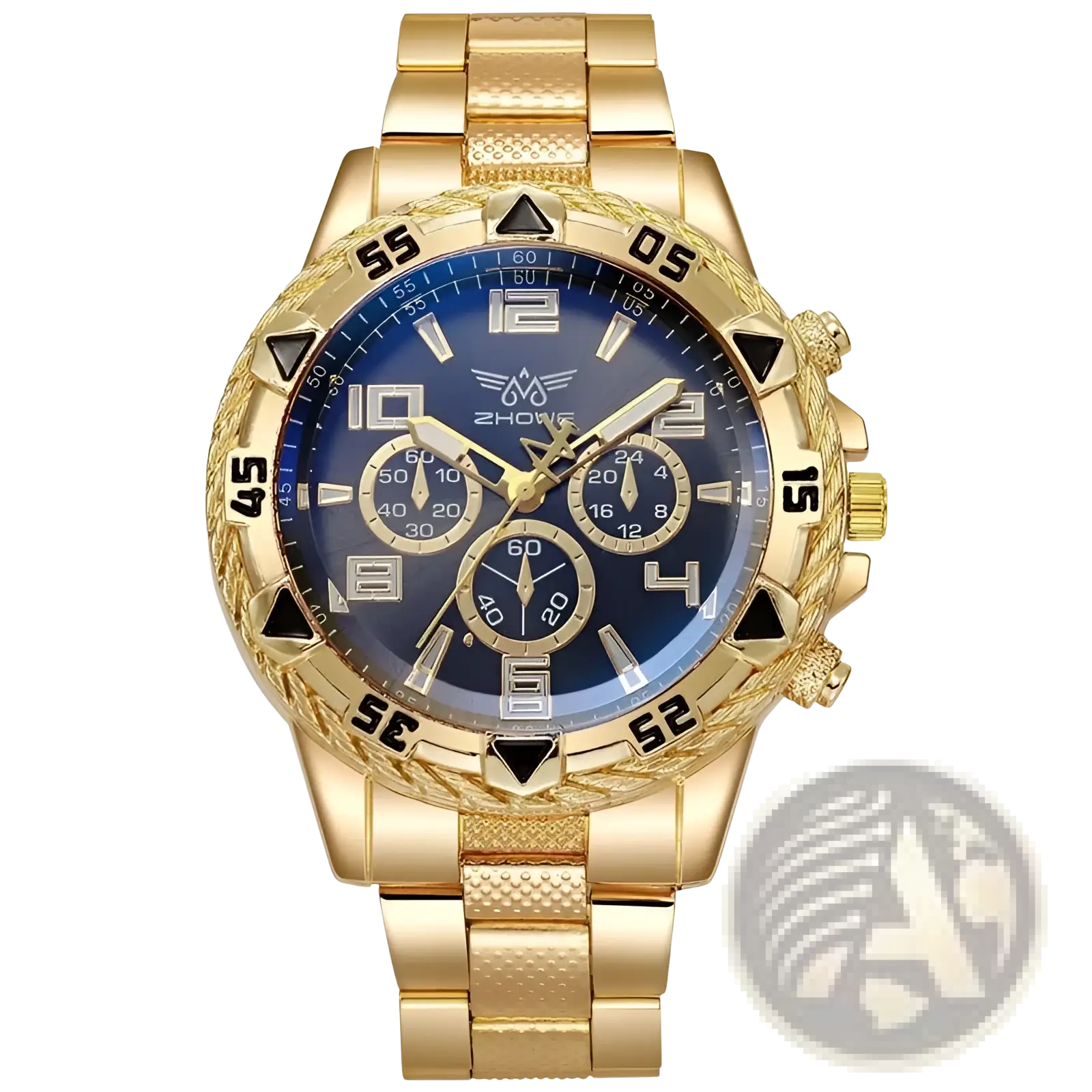 Tvk stainless steel chronograph quartz watch with gold-tone case, deep blue dial, black triangular hour markers, and three subdials