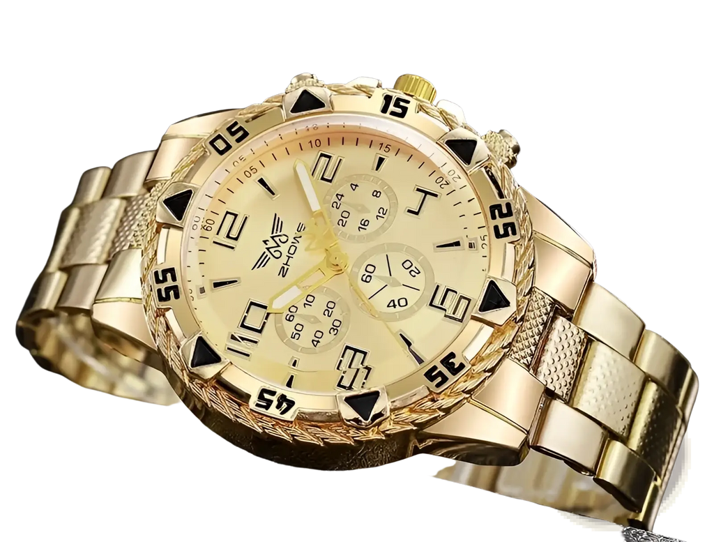 Tvk stainless steel chronograph quartz watch with gold tone, textured metal bracelet, and black triangular bezel markers