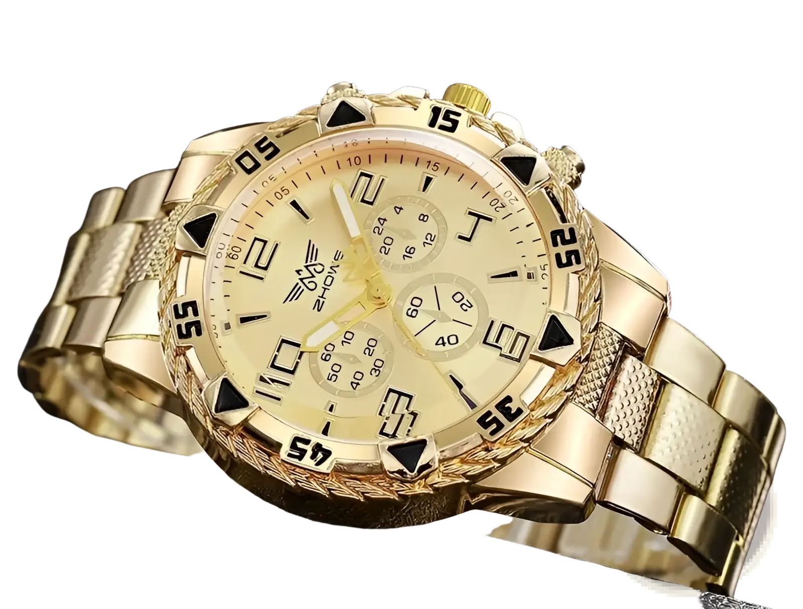 Tvk stainless steel chronograph quartz watch with gold tone, textured metal bracelet, and black triangular bezel markers