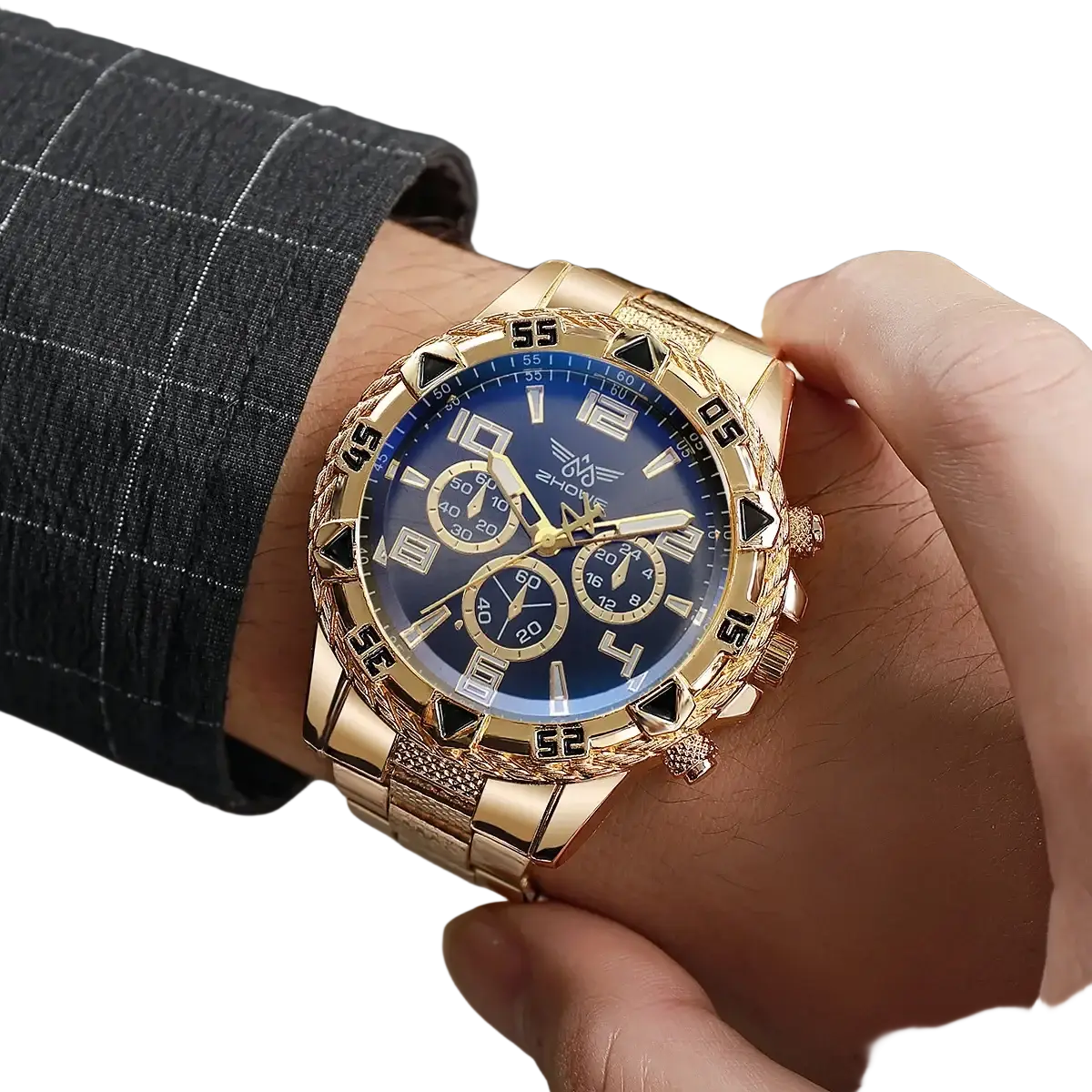 Tvk stainless steel chronograph quartz watch in gold tone with blue dial, three subdials, and triangular bezel markers