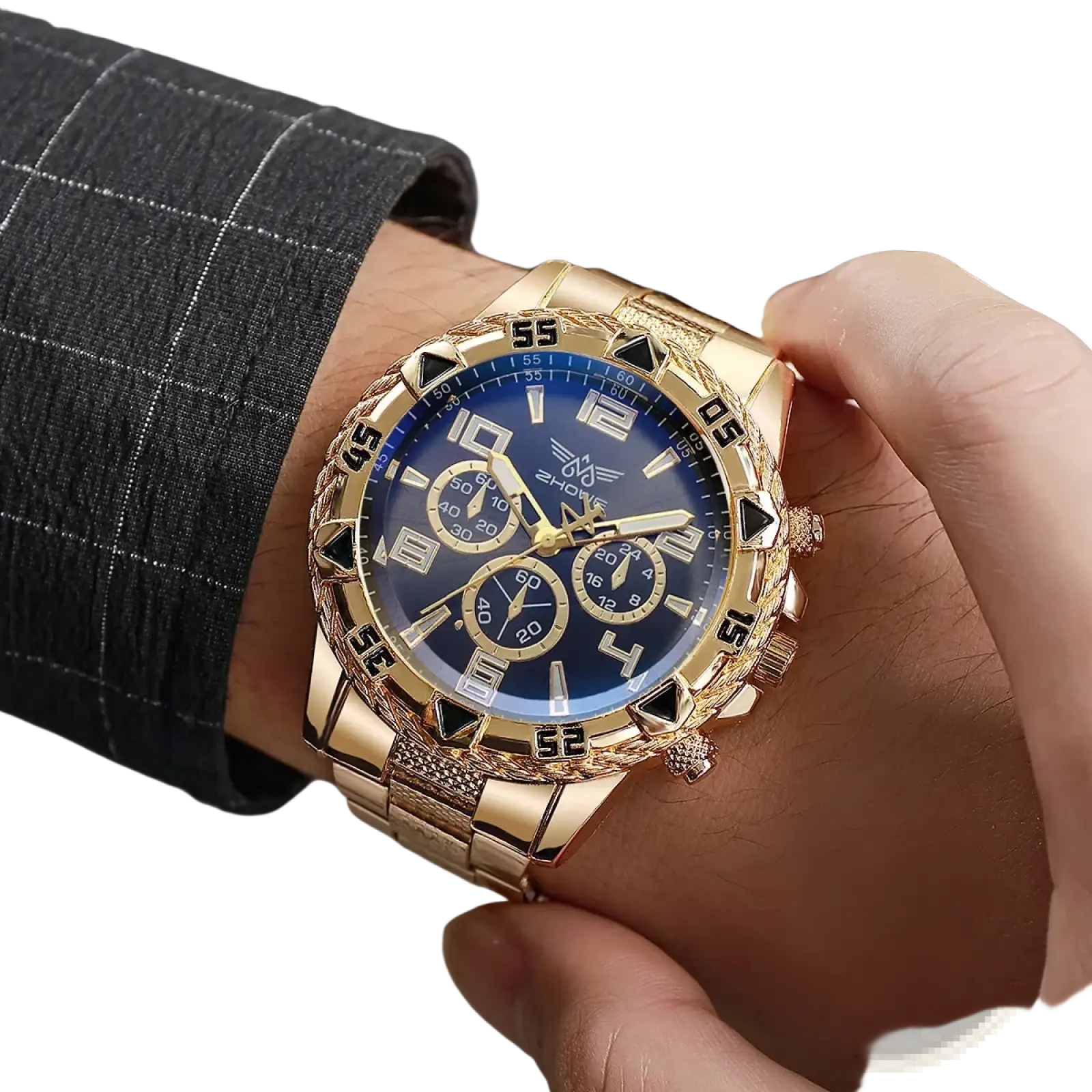 Tvk stainless steel chronograph quartz watch in gold tone with blue dial, three subdials, and triangular bezel markers