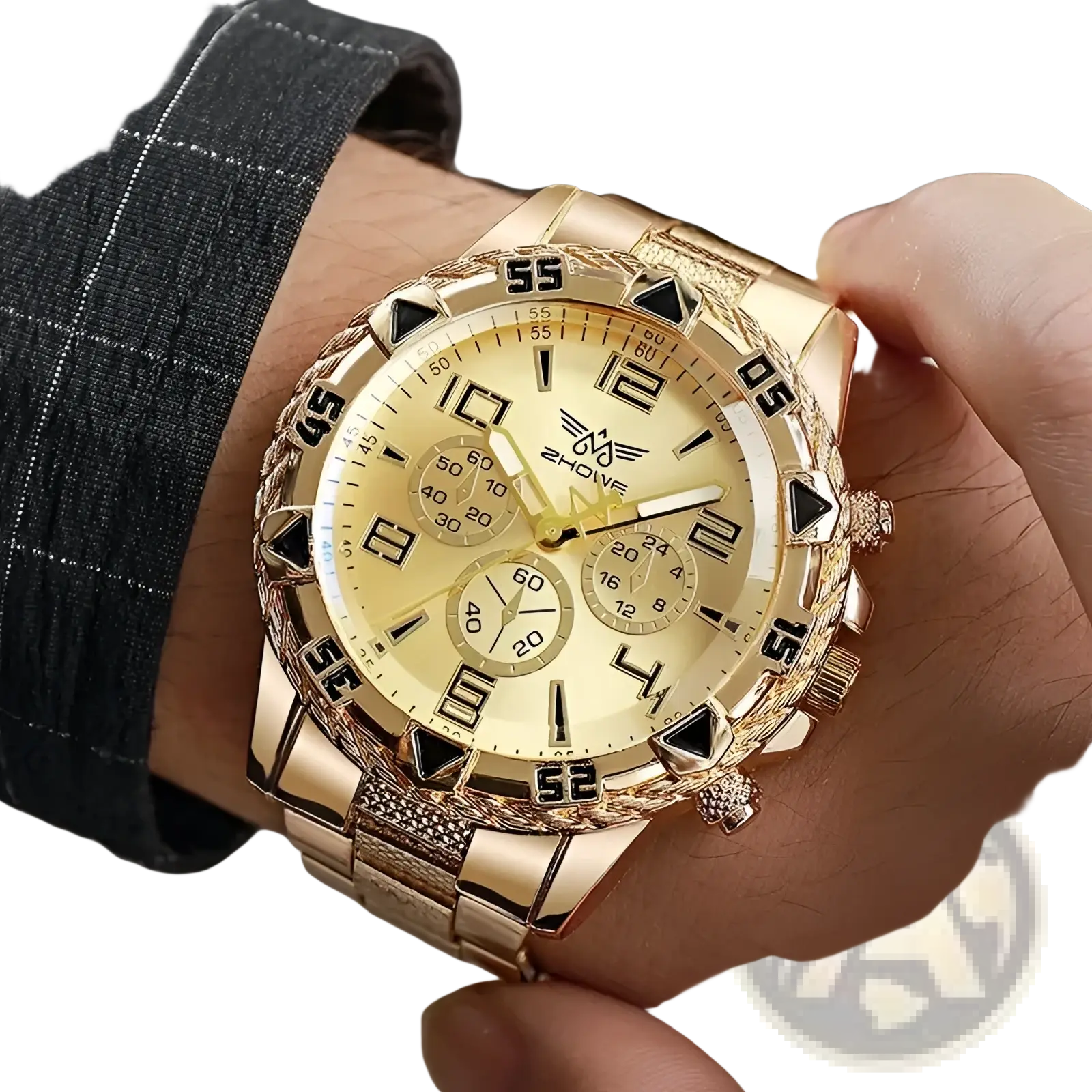 Tvk stainless steel chronograph quartz watch with gold-tone, textured bezel, black triangular markers, and three subdials