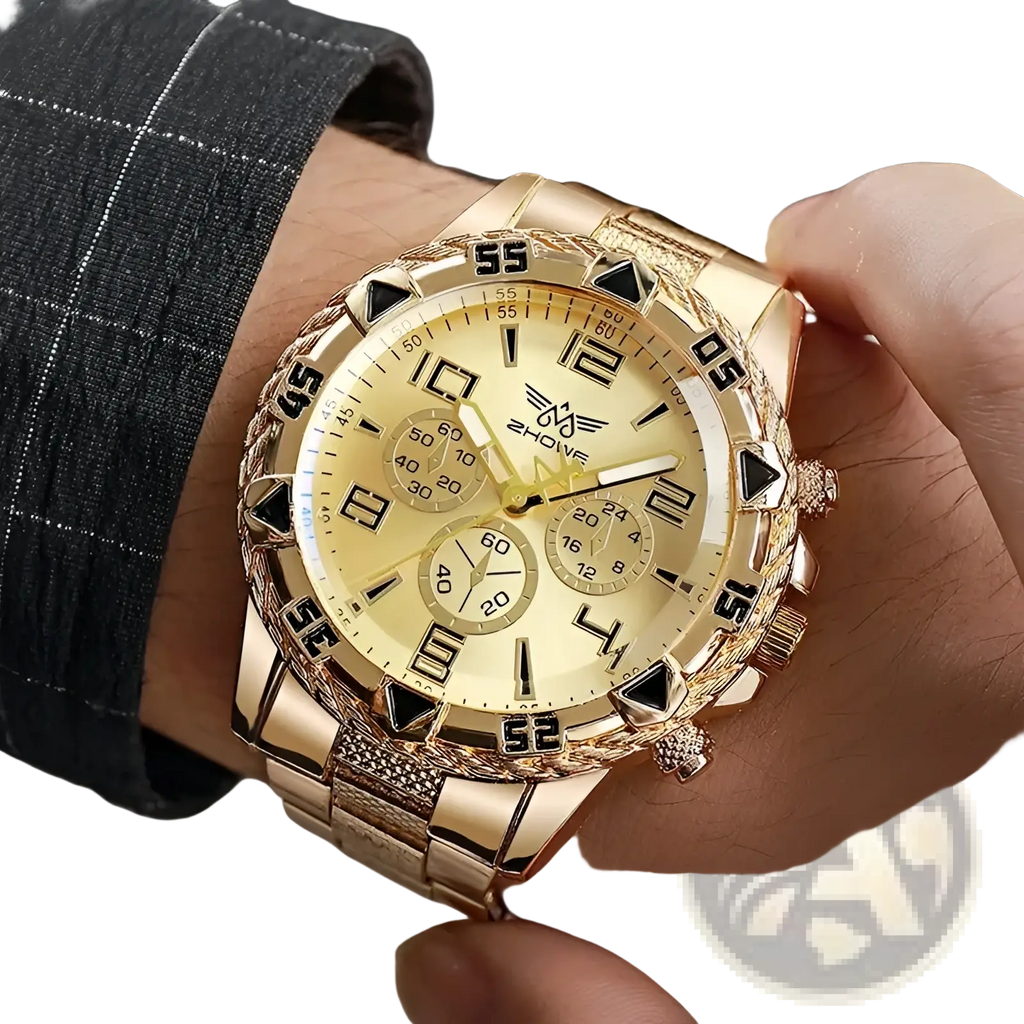Tvk stainless steel chronograph quartz watch with gold-tone case textured bezel and cream-colored face with three subdials