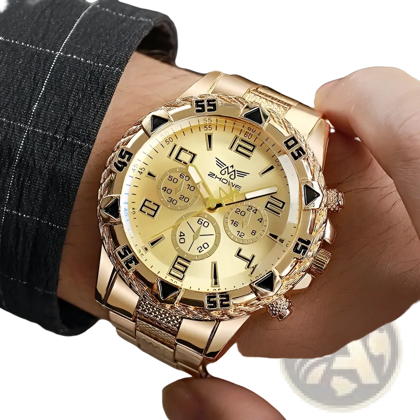 Tvk stainless steel chronograph quartz watch with gold-tone case textured bezel and cream-colored face with three subdials