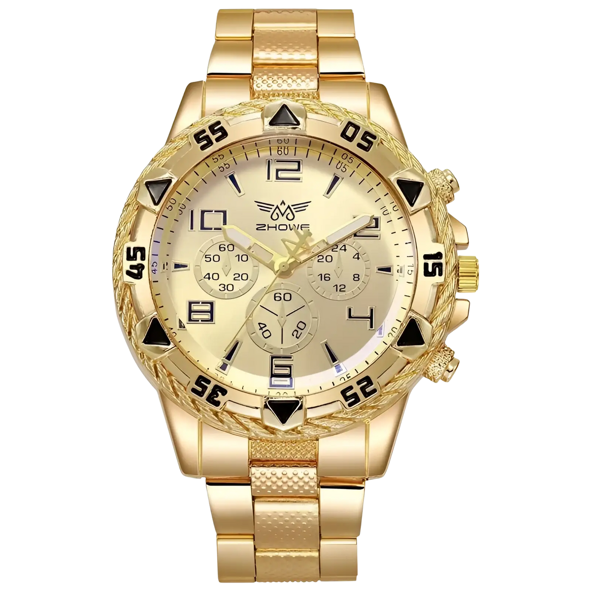 Tvk stainless steel chronograph quartz watch with gold-tone case textured bezel and cream dial with black hour markers