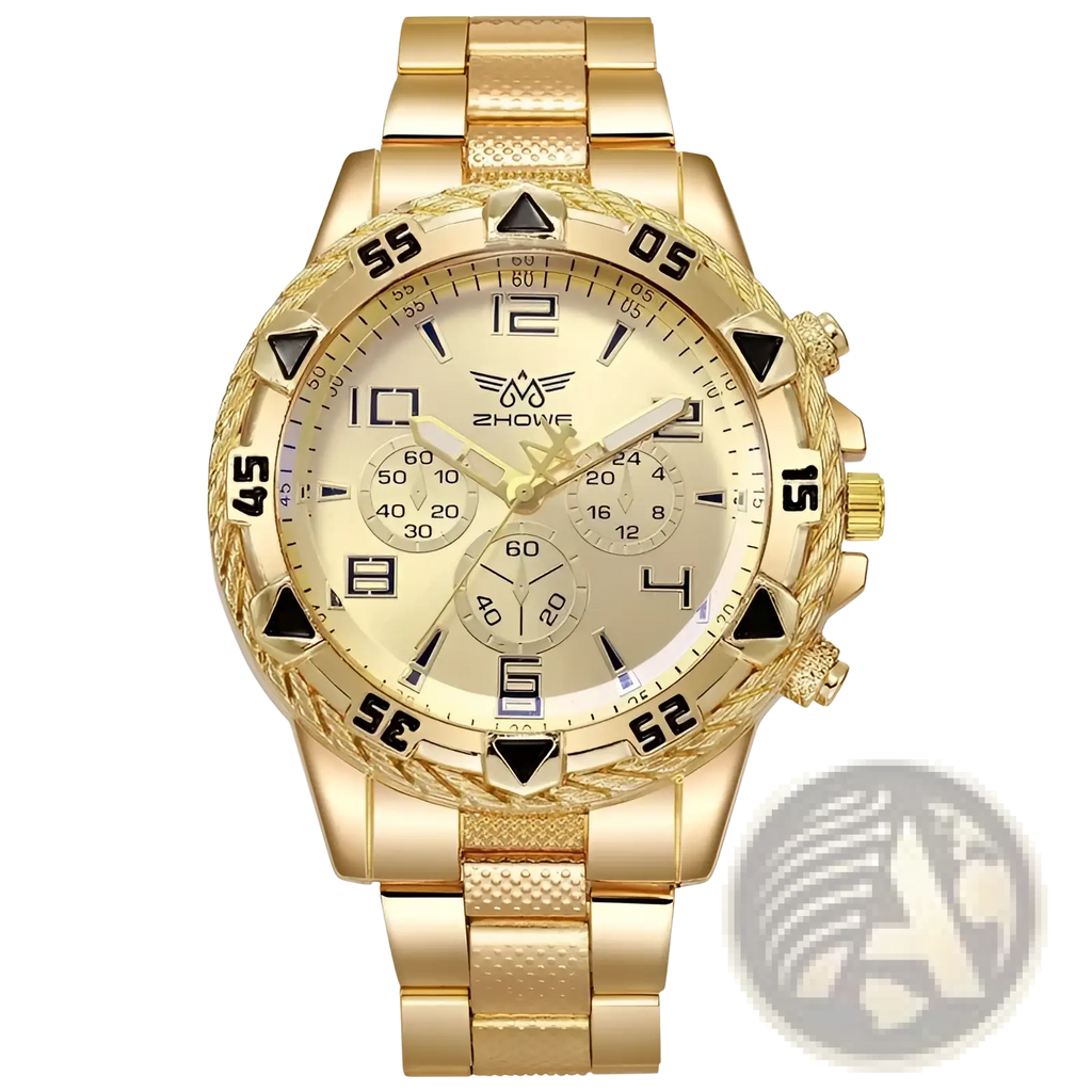 Tvk stainless steel chronograph quartz watch with gold-tone case textured bezel and cream dial with black hour markers