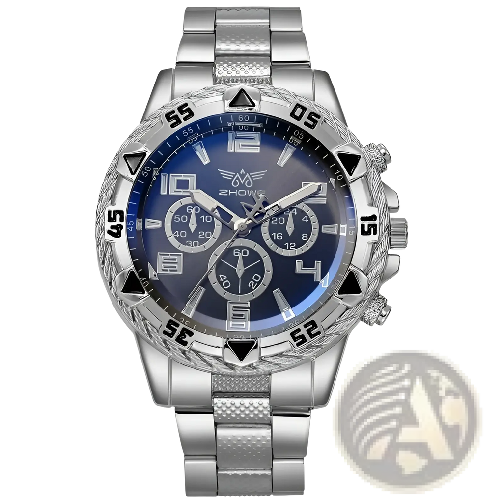 Tvk stainless steel chronograph quartz watch with a silver case, deep blue dial, black triangular markers, and three subdials