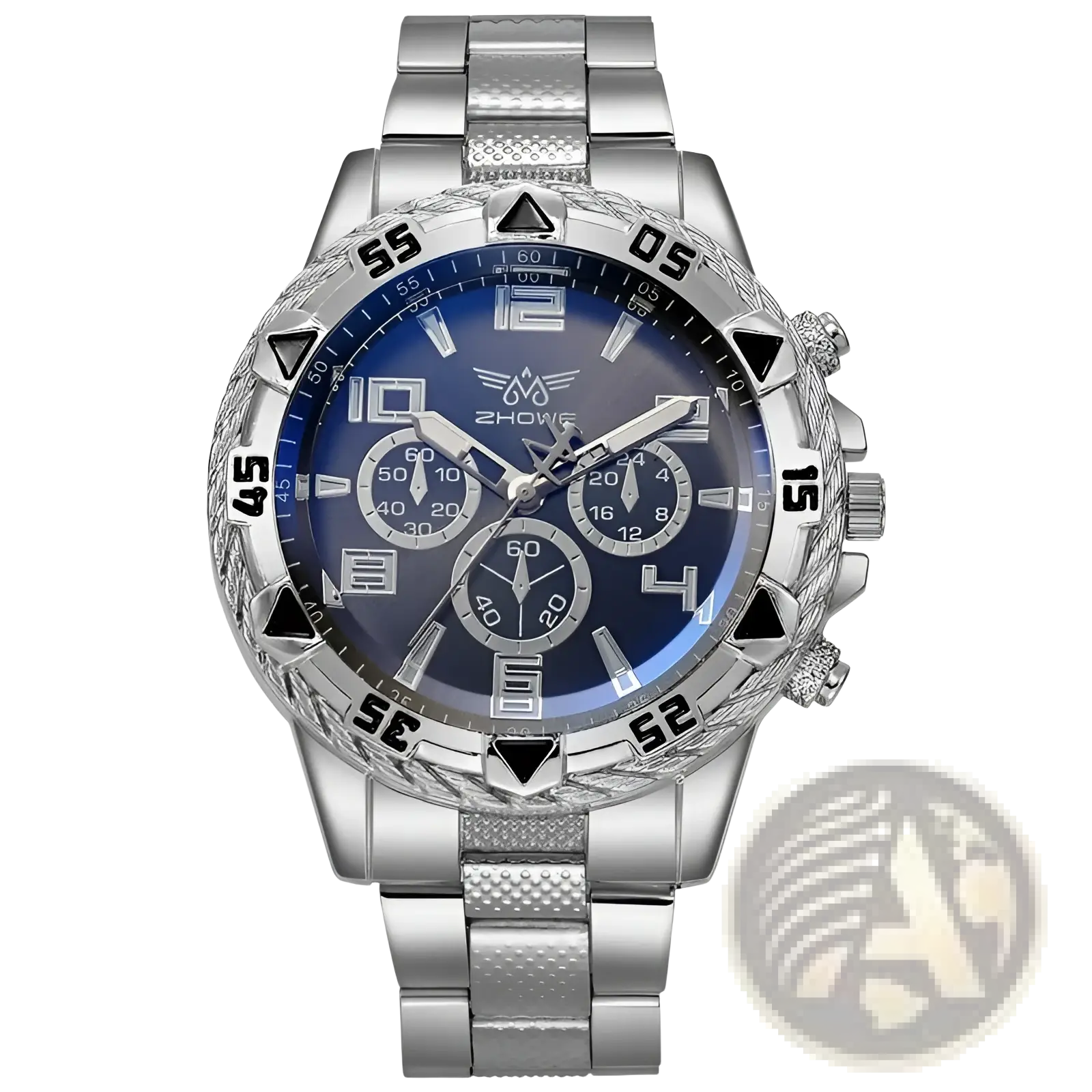 Tvk stainless steel chronograph quartz watch with a silver case, deep blue dial, black triangular markers, and three subdials