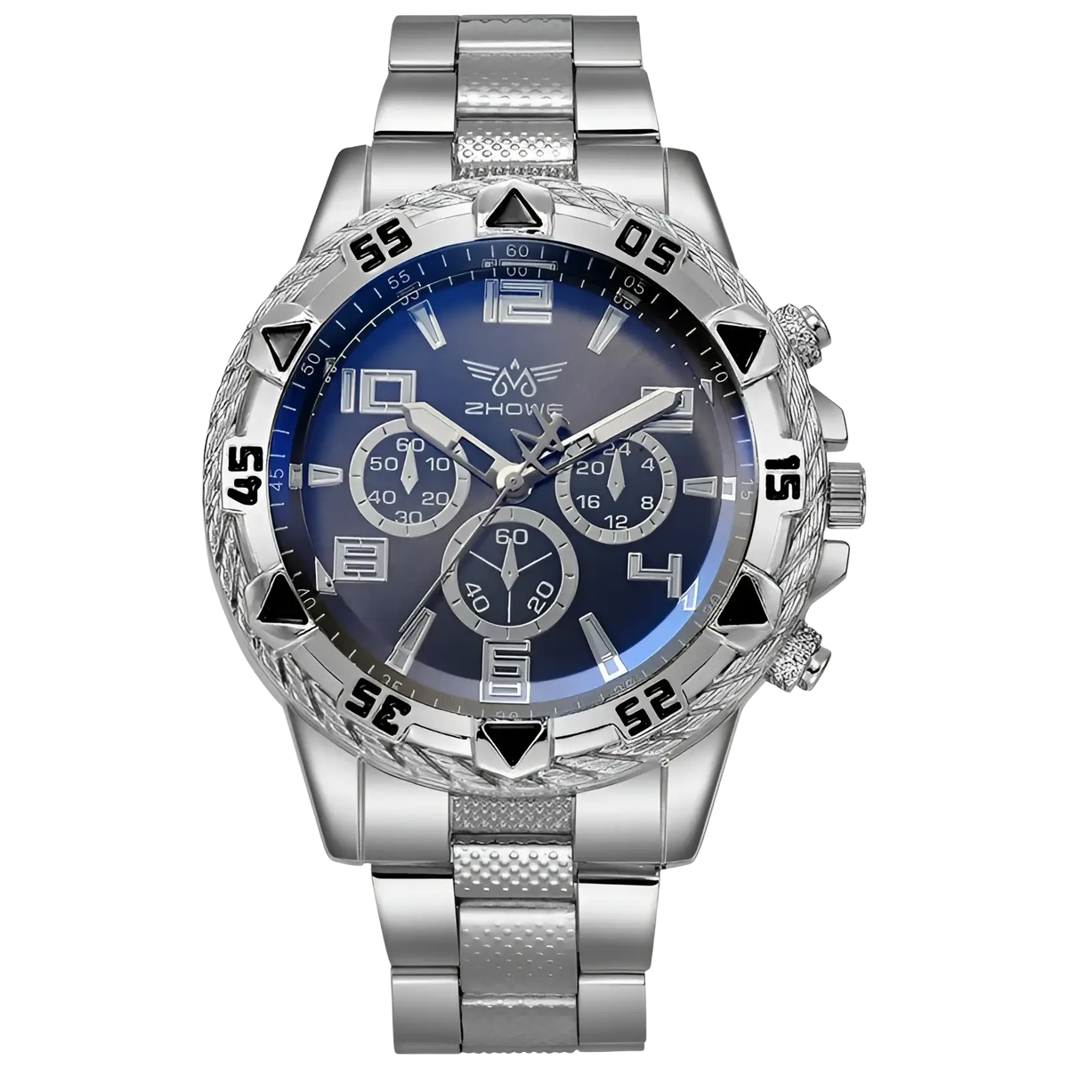 Tvk stainless steel chronograph quartz watch with silver tone, gradient blue dial, black triangular markers, and three subdials