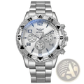 Tvk stainless steel chronograph quartz watch with silver case white dial black numerals blue bezel accent and textured bracelet