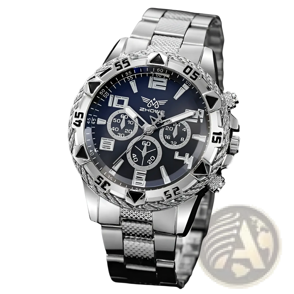 Tvk stainless steel chronograph quartz watch with silver case, dark blue dial, three sub-dials, and textured bracelet