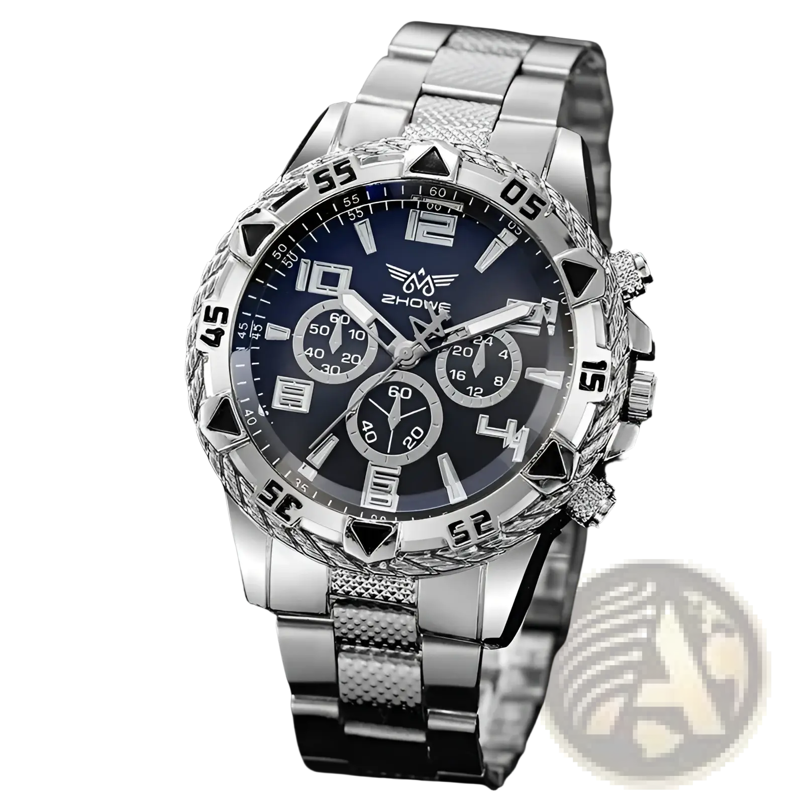 Tvk stainless steel chronograph quartz watch with silver case, dark blue dial, three sub-dials, and textured bracelet