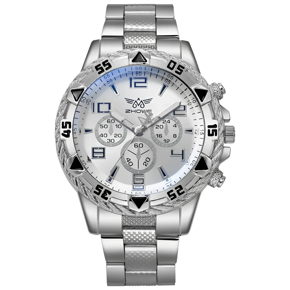 Tvk stainless steel chronograph quartz watch with silver case white dial black numerals blue bezel accent and textured bracelet
