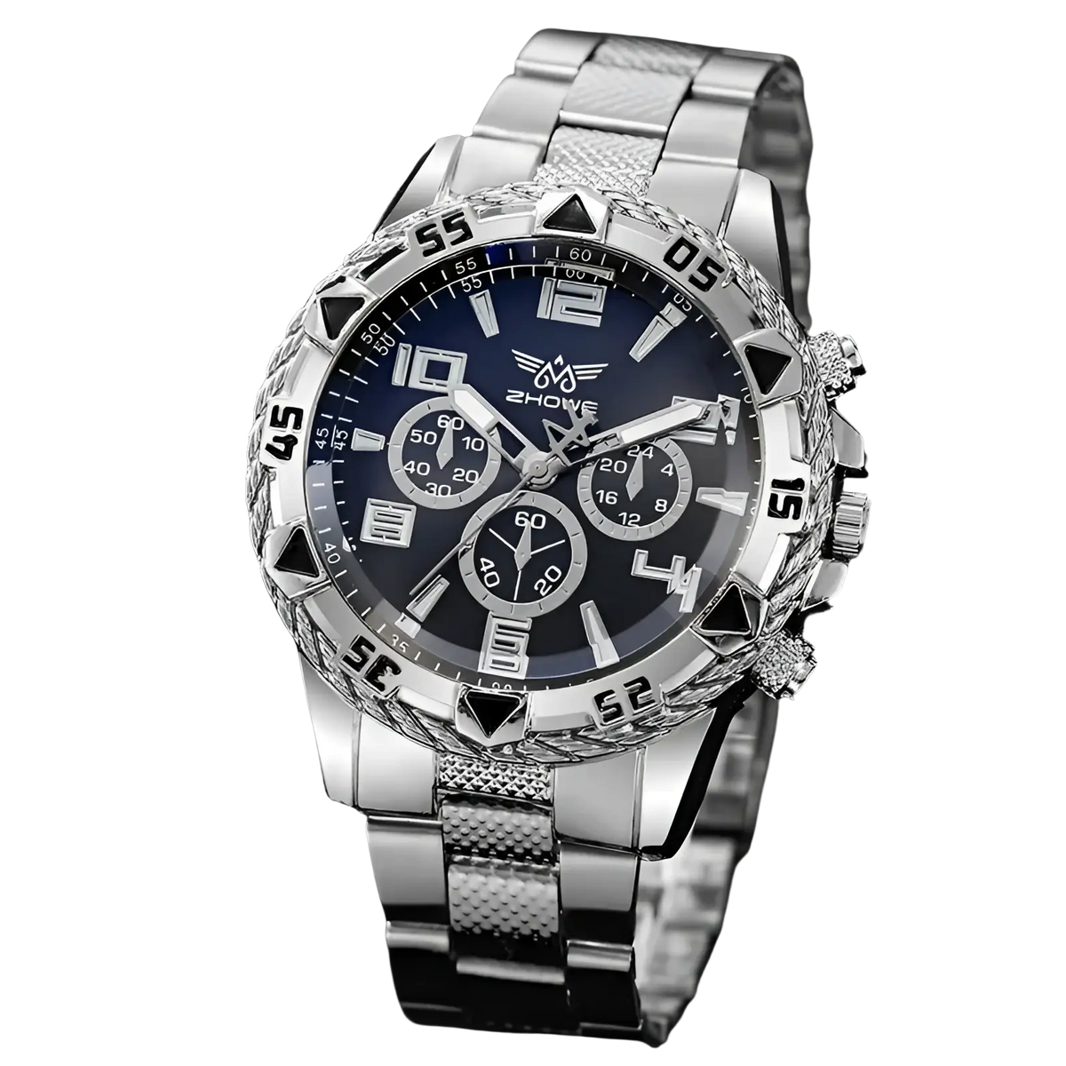 Silver Tvk stainless steel chronograph quartz watch with dark blue dial black triangular hour markers and textured bracelet