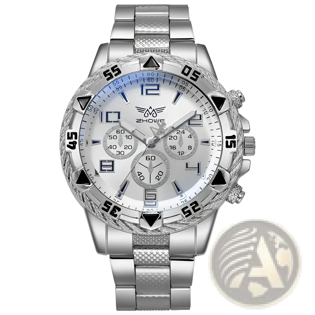 Tvk stainless steel chronograph quartz watch with silver textured band, white dial, black numerals, and blue bezel accents