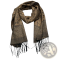 A luxurious brown and gold tweed look business casual scarf with floral and diamond patterns and black fringe for women and men