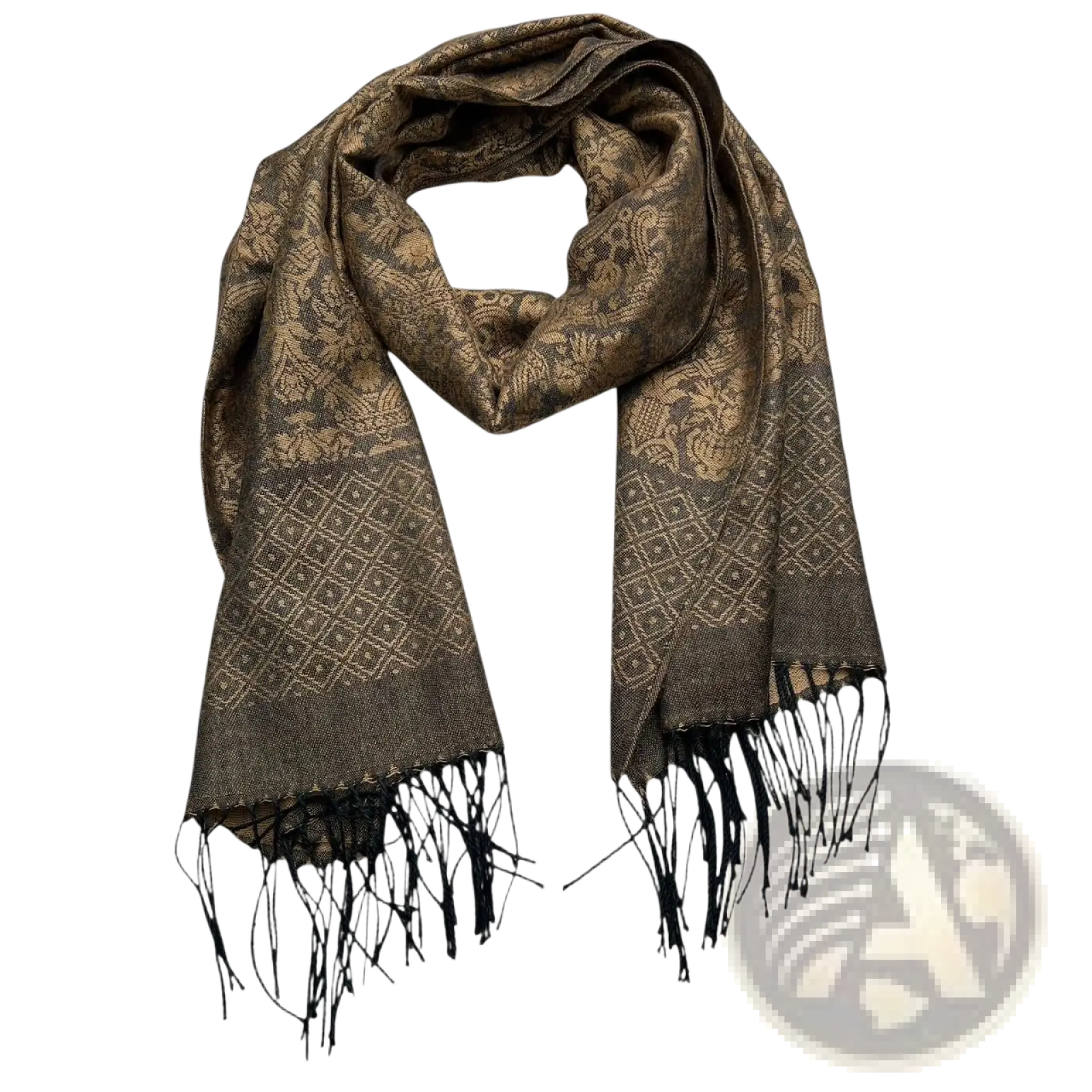 A luxurious brown and gold tweed look business casual scarf with floral and diamond patterns and black fringe for women and men
