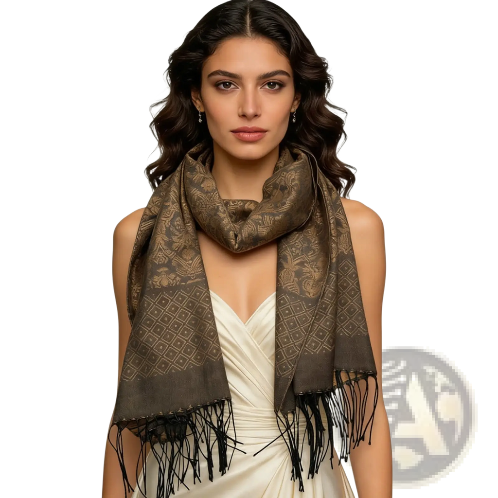 Brown patterned tweed look business casual scarf with black fringe for women and men