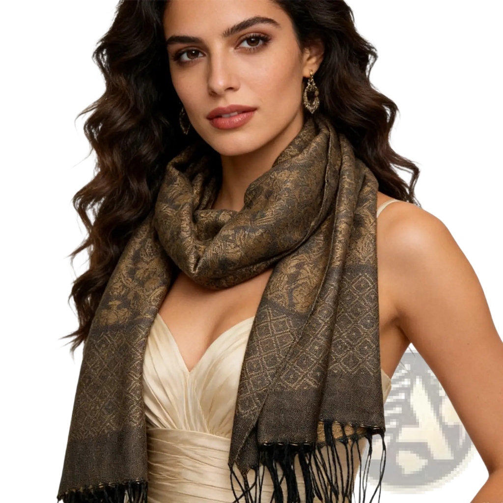 A luxurious brown and gold patterned tweed look business casual scarf with black fringe for women and men