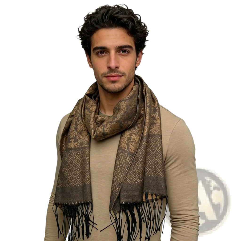 Tweed look business casual scarf in rich brown with intricate gold-toned patterns and black fringe for women and men