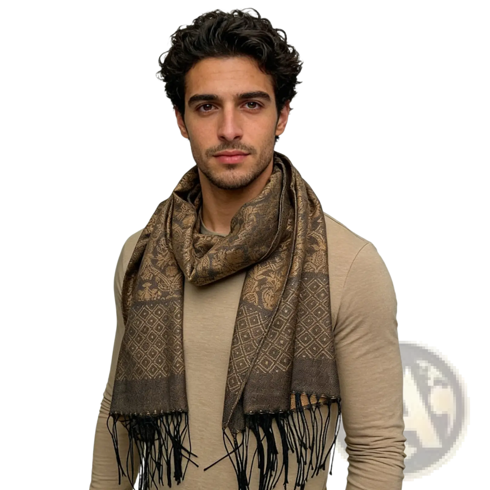 Tweed look business casual scarf in rich brown with intricate gold-toned patterns and black fringe for women and men