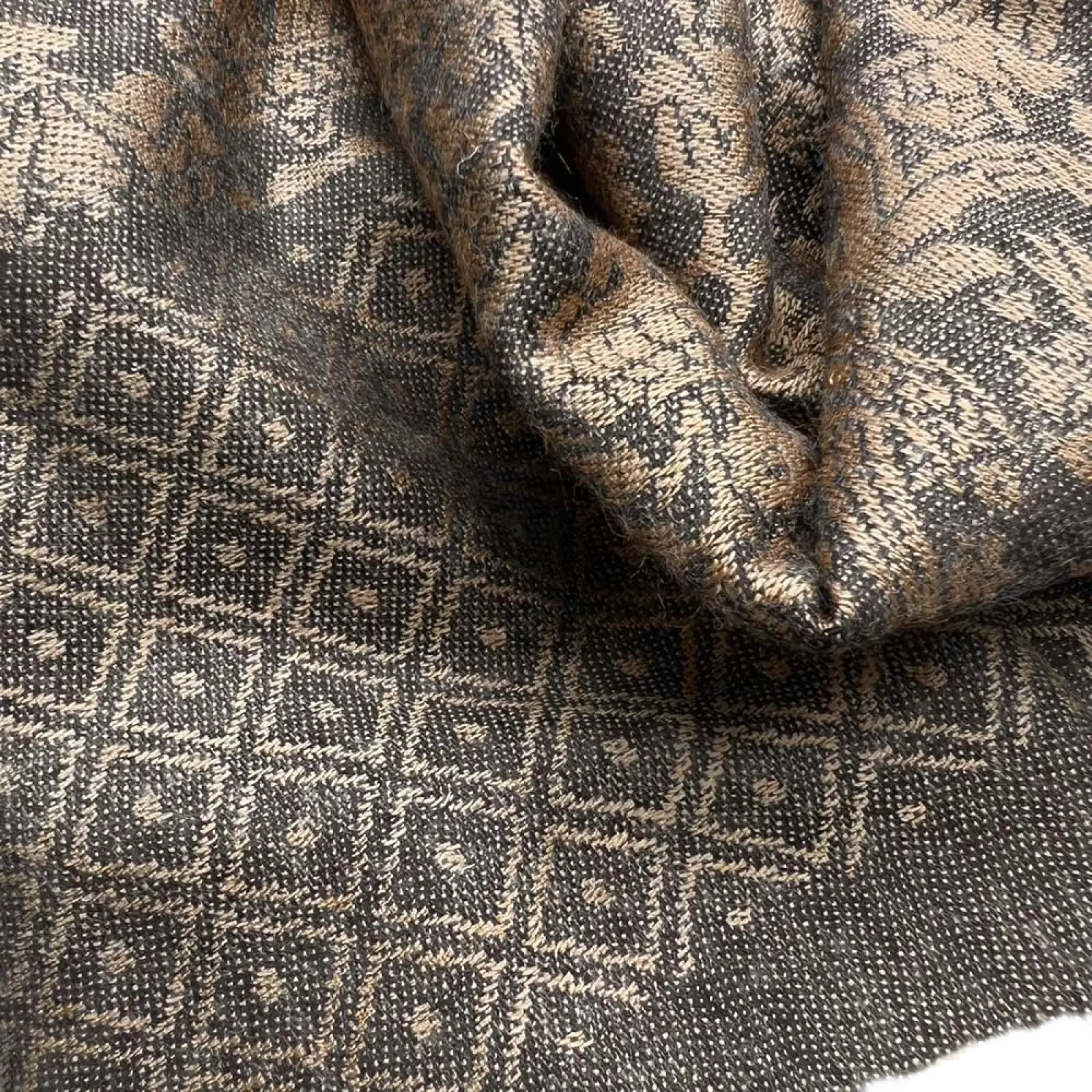Tweed look business casual scarf for women and men featuring a textured dark gray and beige woven geometric pattern