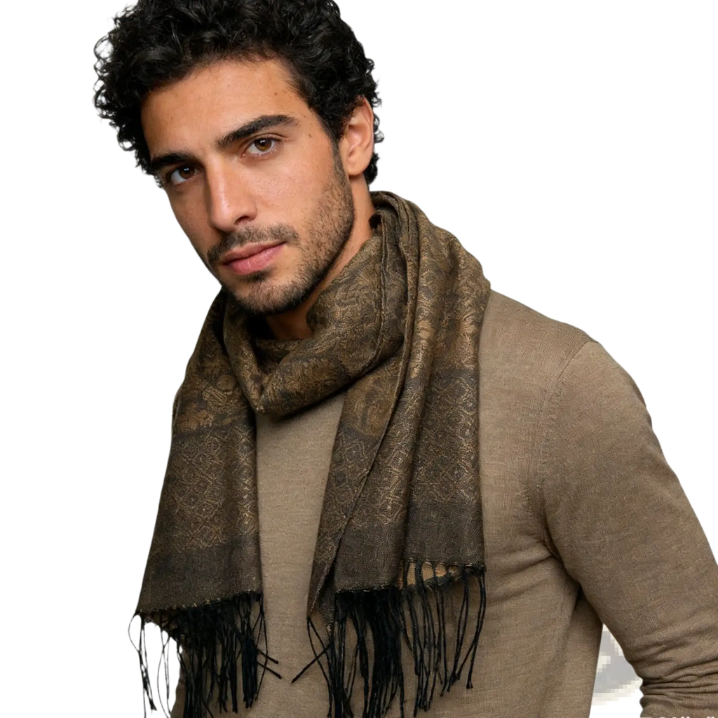 A tweed look business casual scarf for women and men in textured brown fabric with subtle pattern and black fringe